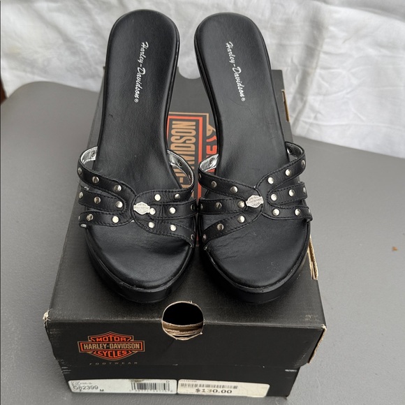 Harley Davidson 7 black, studded platform sandals multiple straps stiletto heel - Picture 14 of 17